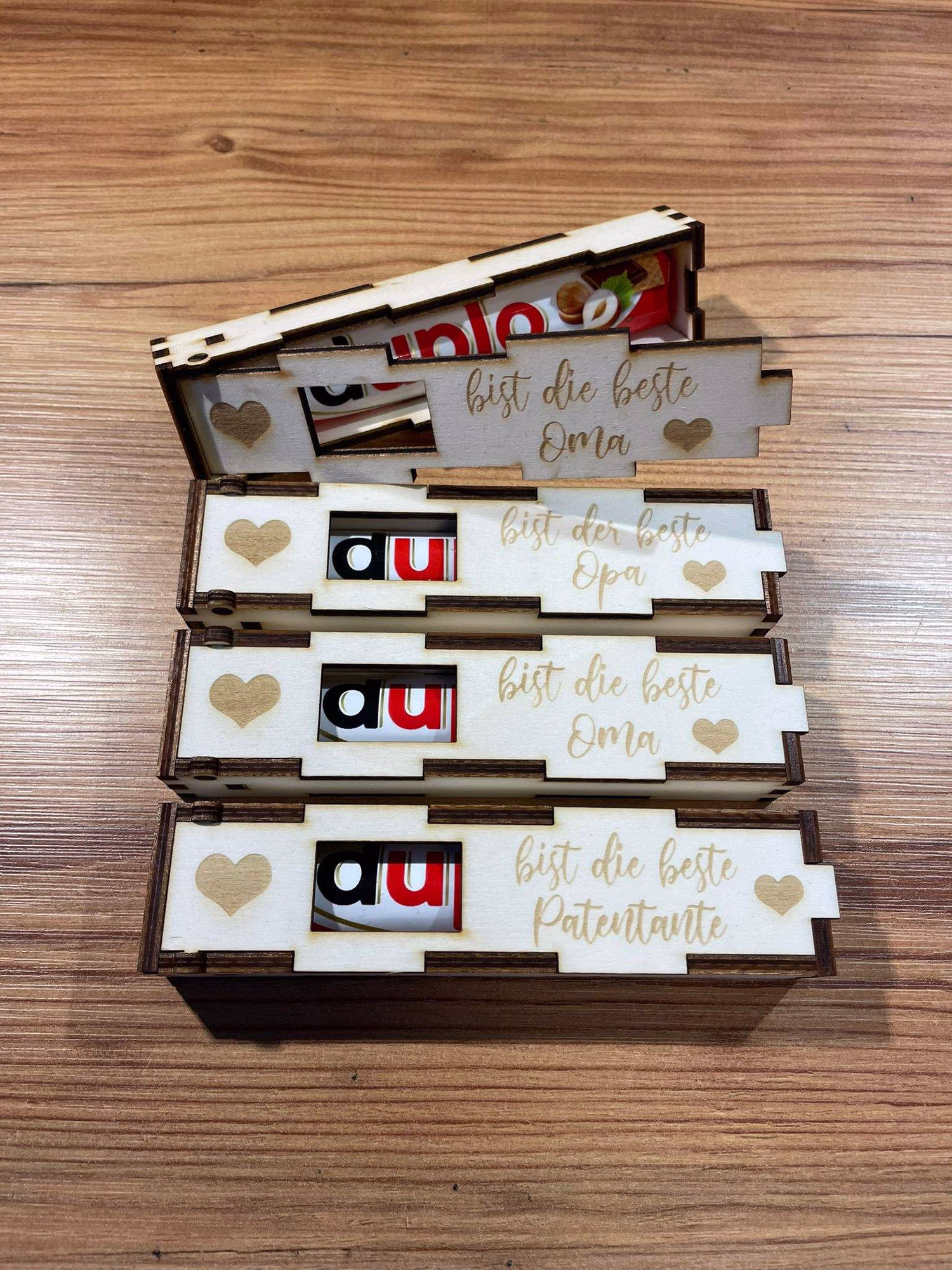 Personalisierte Duplo-Box aus Holz mit Gravur – originelle Geschenkidee für Oma, Opa oder Patentante mit süßer Überraschung