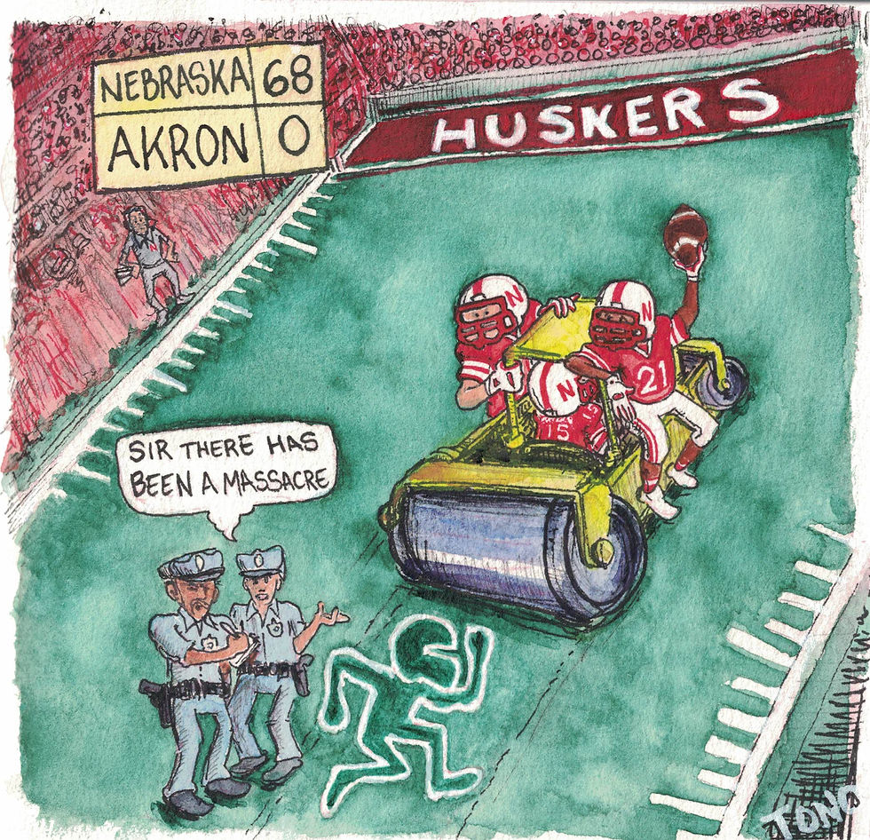 Calling all cars! Calling all cars! Akron went on a trip and oh, buddy did they get some R&R! Unfortunately, it was the combination of Rhule and Raiola, plus a host of others. Illustration by Anthony Aleman
