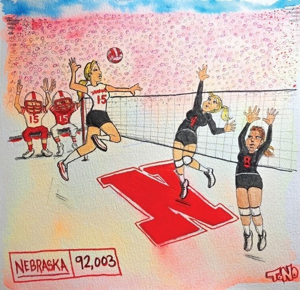 Stone cold kill-er: Husker superstar Andi Jackson sends home a kill against a pair of hapless Maryland players as fellow No. 15’s, two superstars of their own right – Dylan Raiola and Dasan McCullough – cheer on the home team. And there’s no home team like it in sports, as the best scoreboard number in Nebraska history flashes in homage to the 92,003 people who watched the volleyball team at Memorial Stadium in 2023. Illustration by Anthony Aleman