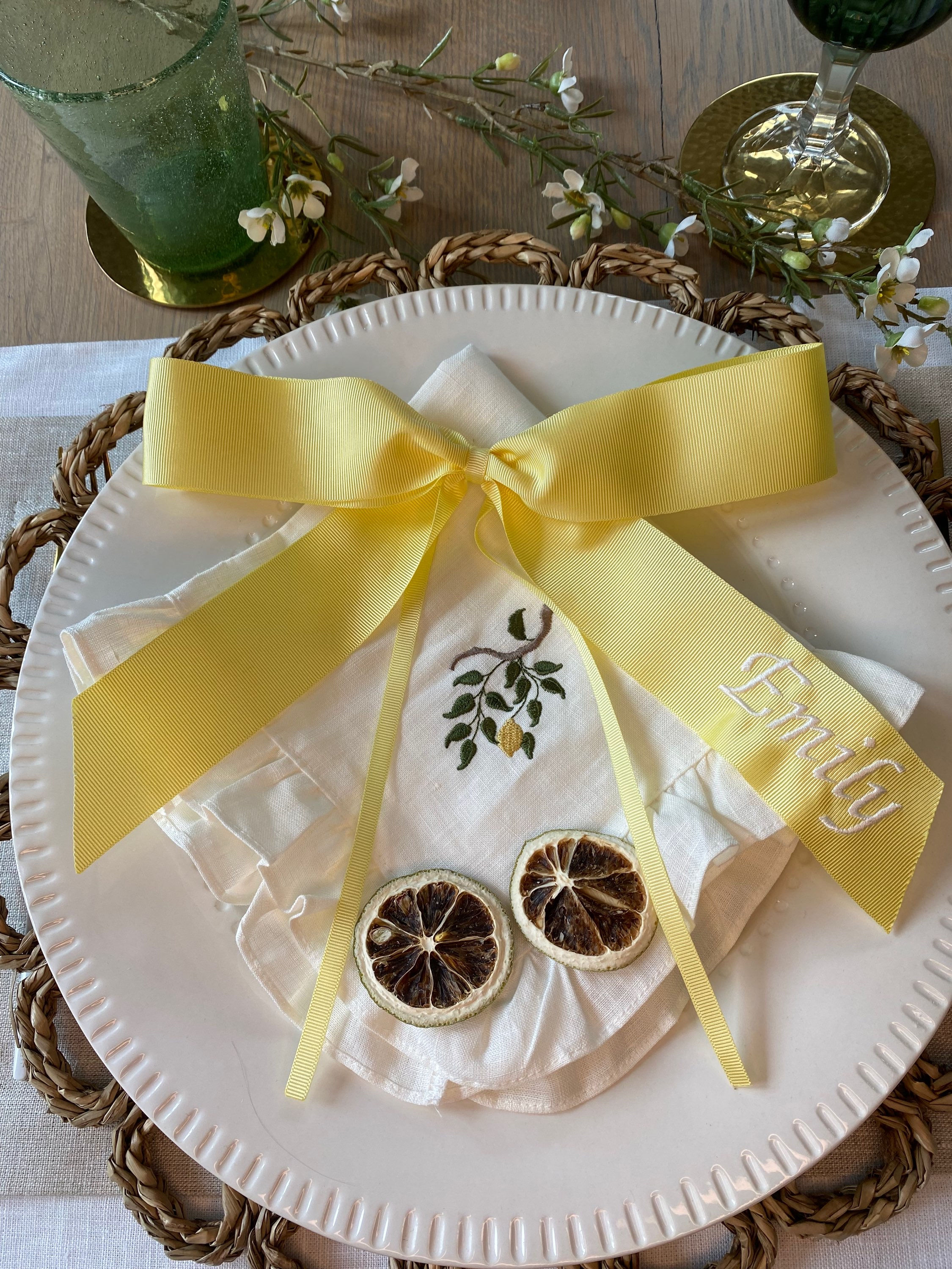 Embroidered Grosgrain Lemon Bow