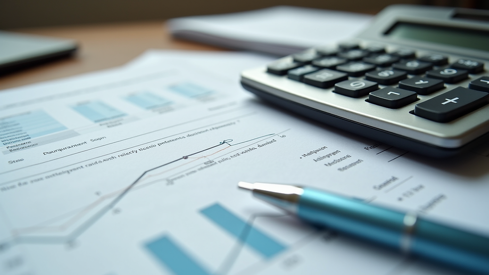 Close-up view of financial documents and calculator on a desk