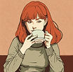 A red-haired woman with bangs and a turt