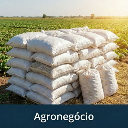 Sacos brancos empilhados no campo, texto Agronegócio, Sacaria e cenário agrícola.