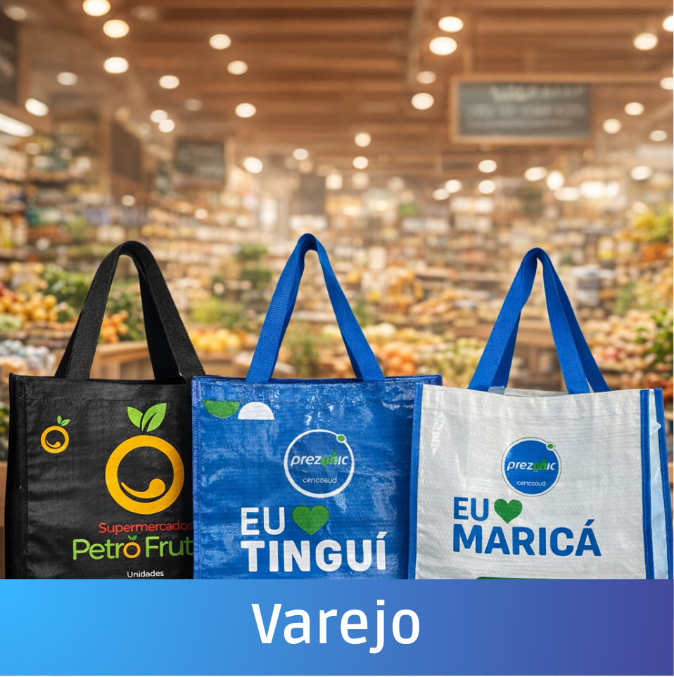 Três sacolas ecológicas Petro Frutas, EU TINGUÍ, EU MARICÁ em Varejo.