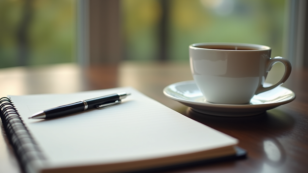 Close-up view of a notebook and pen on a desk with a cup of tea, symbolizing reflection and planning