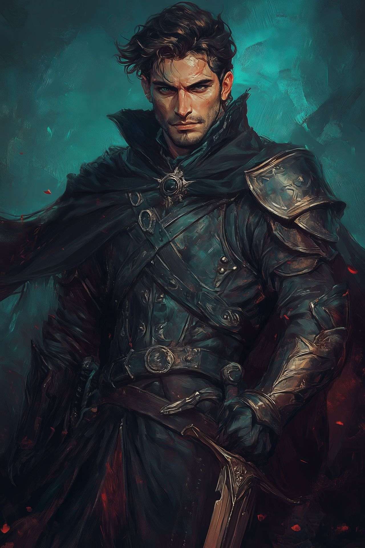 Portrait of a man in dark clothing, holding a sword, with a serious expression.