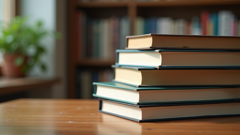 Close-up view of psychology books stacked on a wooden table