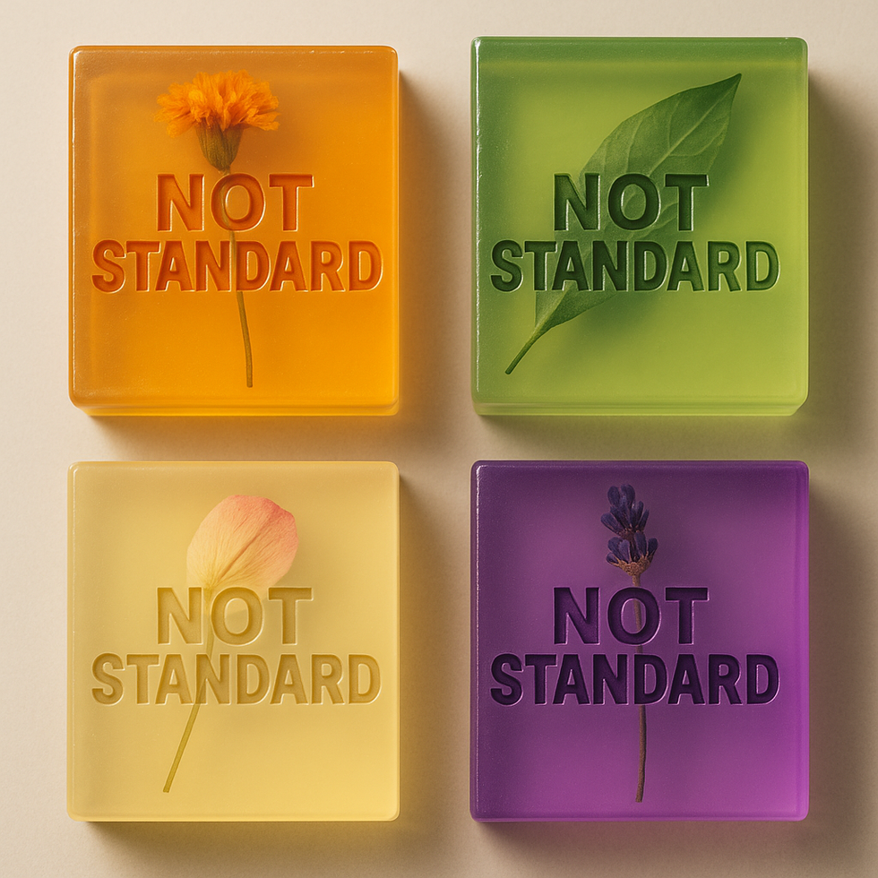 Not Standard coloured soap bars with embedded flowers and leaf
