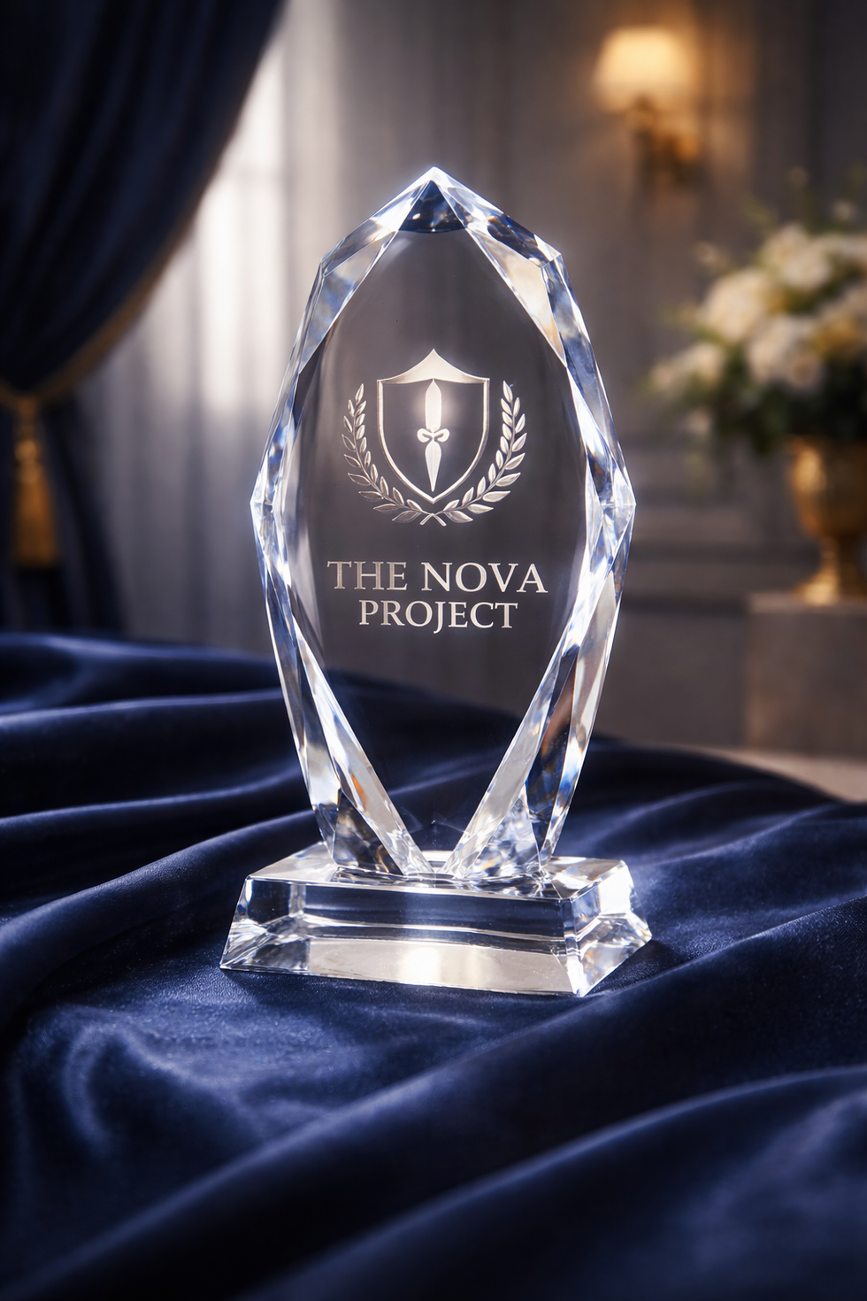 Glass award trophy on display