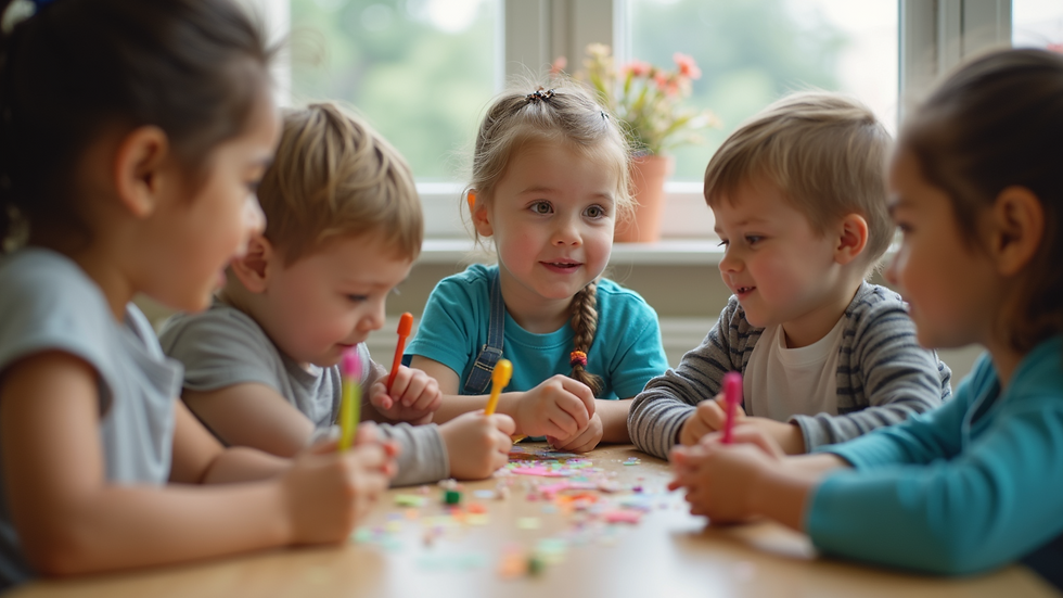 Wide angle view of a community center hosting a fun child workshop