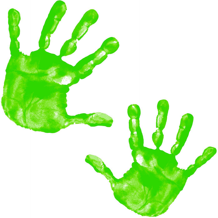 Two handprints, dipped in green paint, to show the lines in the fingerprints, our company logo
