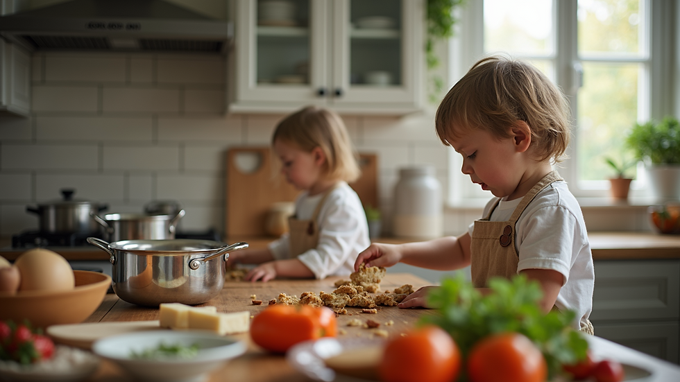 Eye-level view of children cooking in the kitchen