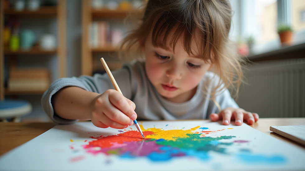 Eye-level view of a child painting with bright colors on a canvas