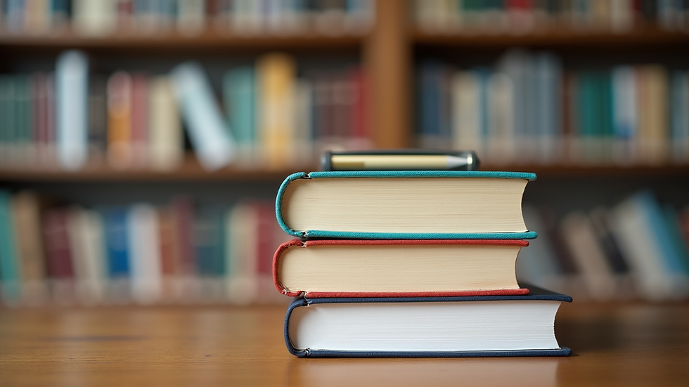 Eye-level view of an educational book stack with learning resources