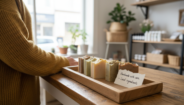 Eye-level view of a sample tray on a counter inside a neighborhood shop.