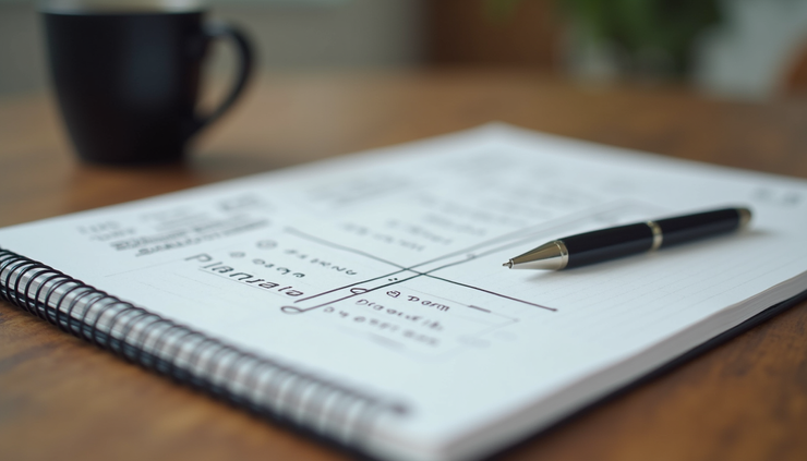 Eye-level view of a notebook with business planning notes and a pen on a wooden table
