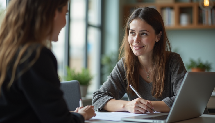 Eye-level view of a person conducting a customer interview with notes and a laptop