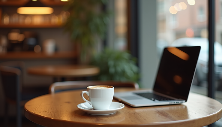 Eye-level view of a cozy coffee shop table with a laptop and a cup of coffee