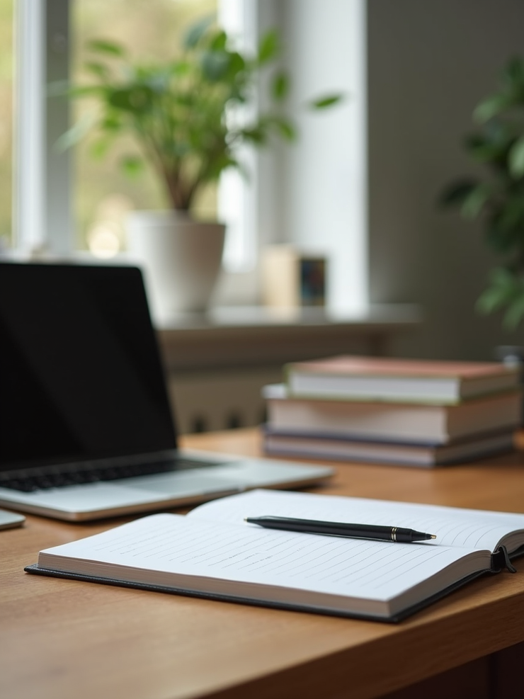 Focused student desk with books and laptop.