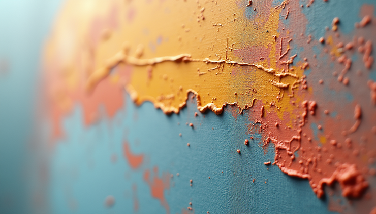 Close-up view of textured paint strokes on a canvas showing layers of color and brushwork