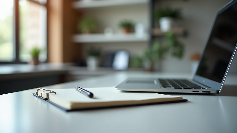Eye-level view of a modern workspace with a laptop and notepad
