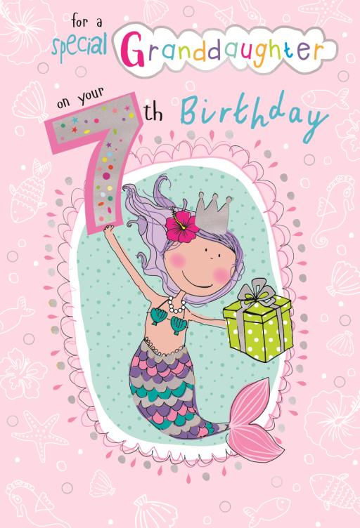 Mermaid holding 7th Birthday card and gift