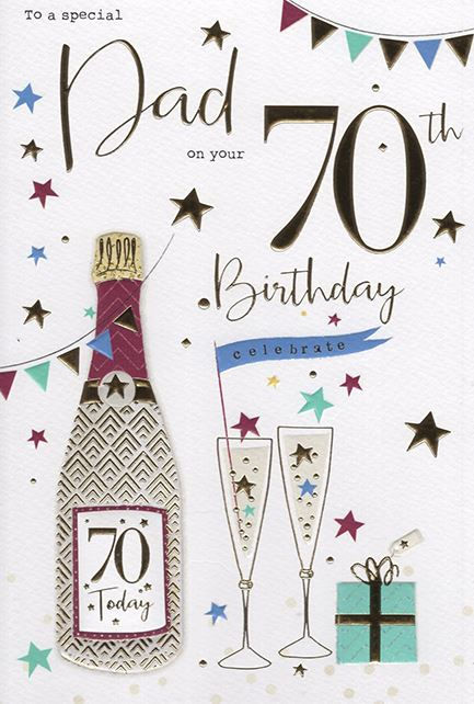 70th Birthday card, champagne, gifts