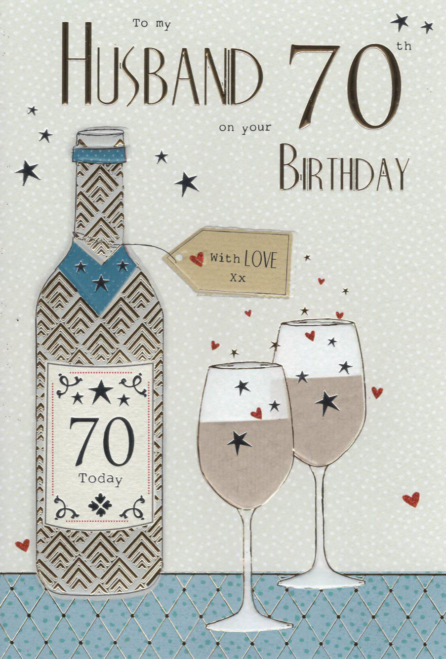 70th Birthday card: wine bottle, glasses, 'With love' tag