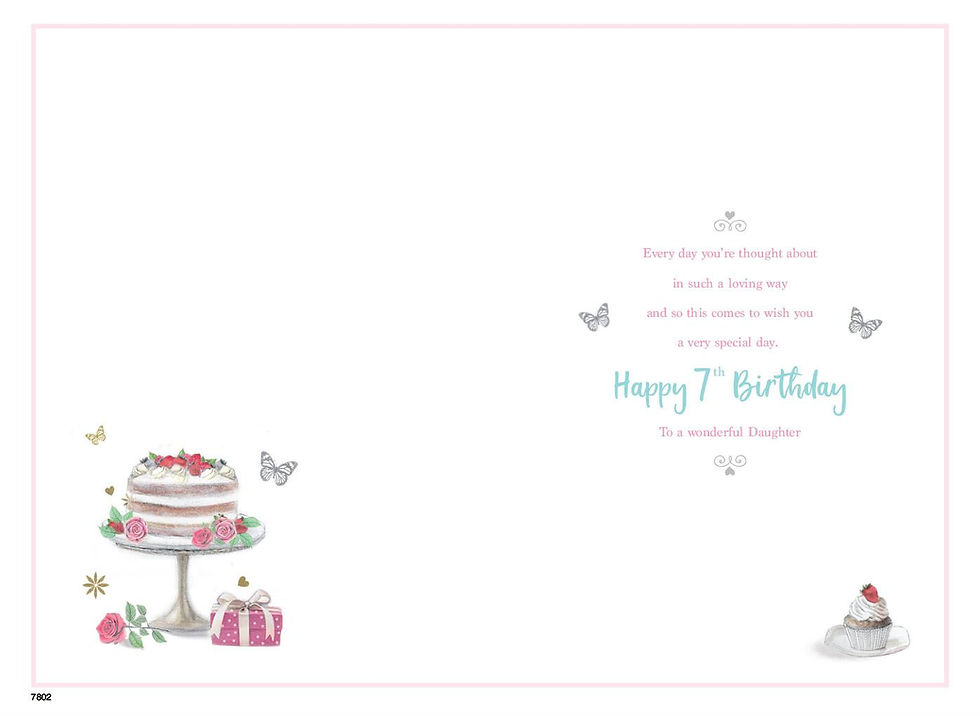 Happy 7th Birthday card with cake and butterflies
