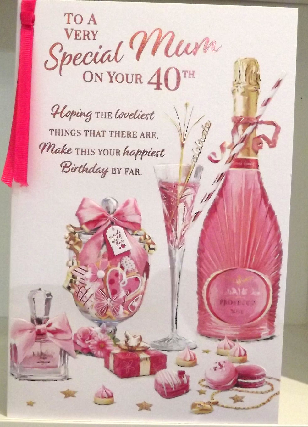 Happy 40th birthday card with pink champagne