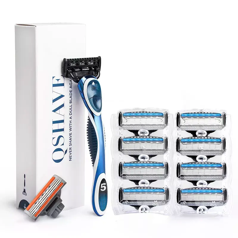 QShave Blue Men Shaving Razor, 1 Handle & 10 Cartridges