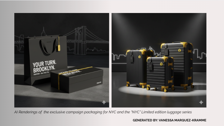 AI-generated renderings of exclusive RIMOWA campaign packaging with "Your Turn. Brooklyn" branding and a NYC-themed limited edition luggage collection featuring black cases with gold accents and city skyline details.
