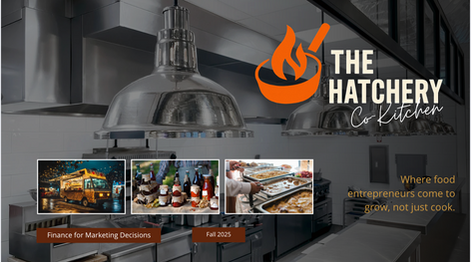 A commercial kitchen with stainless-steel counters and overhead ventilation hoods. At the top right is The Hatchery Co-Kitchen logo featuring an orange pot with a flame and spoon. Along the bottom are three images: a brightly lit food truck at night, a display of bottled goods at an outdoor market, and a catering buffet. Text on the slide reads “Finance for Marketing Decisions,” “Fall 2025,” and “Where food entrepreneurs come to grow, not just cook.”