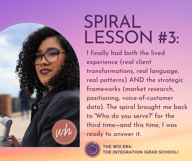 A designed slide with a purple-to-peach gradient background. On the left, a close-up portrait of a woman with curly dark hair and purple-framed glasses looks thoughtfully toward the camera while holding a small handheld microphone. She wears a dark jacket, and a round badge on her sleeve reads “Certified Wholehearted Coach.” The background is softly blurred, suggesting an outdoor urban setting. On the right, large text reads “SPIRAL LESSON #3:” followed by a reflective paragraph about integrating lived client experience with strategic frameworks and finally being ready to answer the question, “Who do you serve?” At the bottom, a spiral icon appears next to the text “The Wix Era: The Integration (Grad School).”