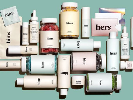 Collage-style image showcasing the Hims and Hers brand across multiple panels. The left panels show lifestyle scenes and product displays, including a man washing his hair with shampoo and a flat-lay of Hims bottles for hair care and supplements. The right panels feature a woman applying skincare and a close-up of a Hers pill bottle with tablets floating above it. The center panel shows green gummy supplements arranged vertically with a black label reading “hims | hers.” The overall aesthetic uses soft pastel backgrounds and clean composition to highlight inclusive, modern personal health and wellness products.