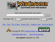Screenshot of the WebCrawler homepage from September 1995, showing a minimal search interface with the tagline "Lightning Fast Web Search" — WebCrawler was one of the first search engines to index full web page content rather than just titles and URLs.