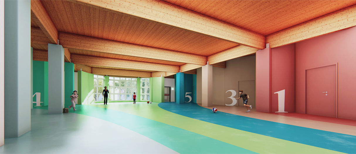 Scuola Dezio Montesilvano, progetto DUAS ARCHITETTI, corridoio interno con pavimentazione colorata