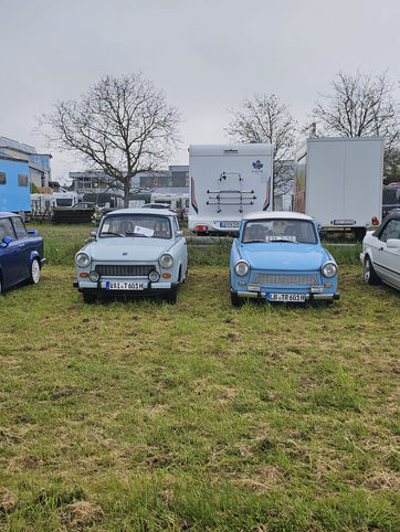 Vier Oldtimer Autos auf einer Wiese, Trabifans Karlsruhe, geparkt im Freien.