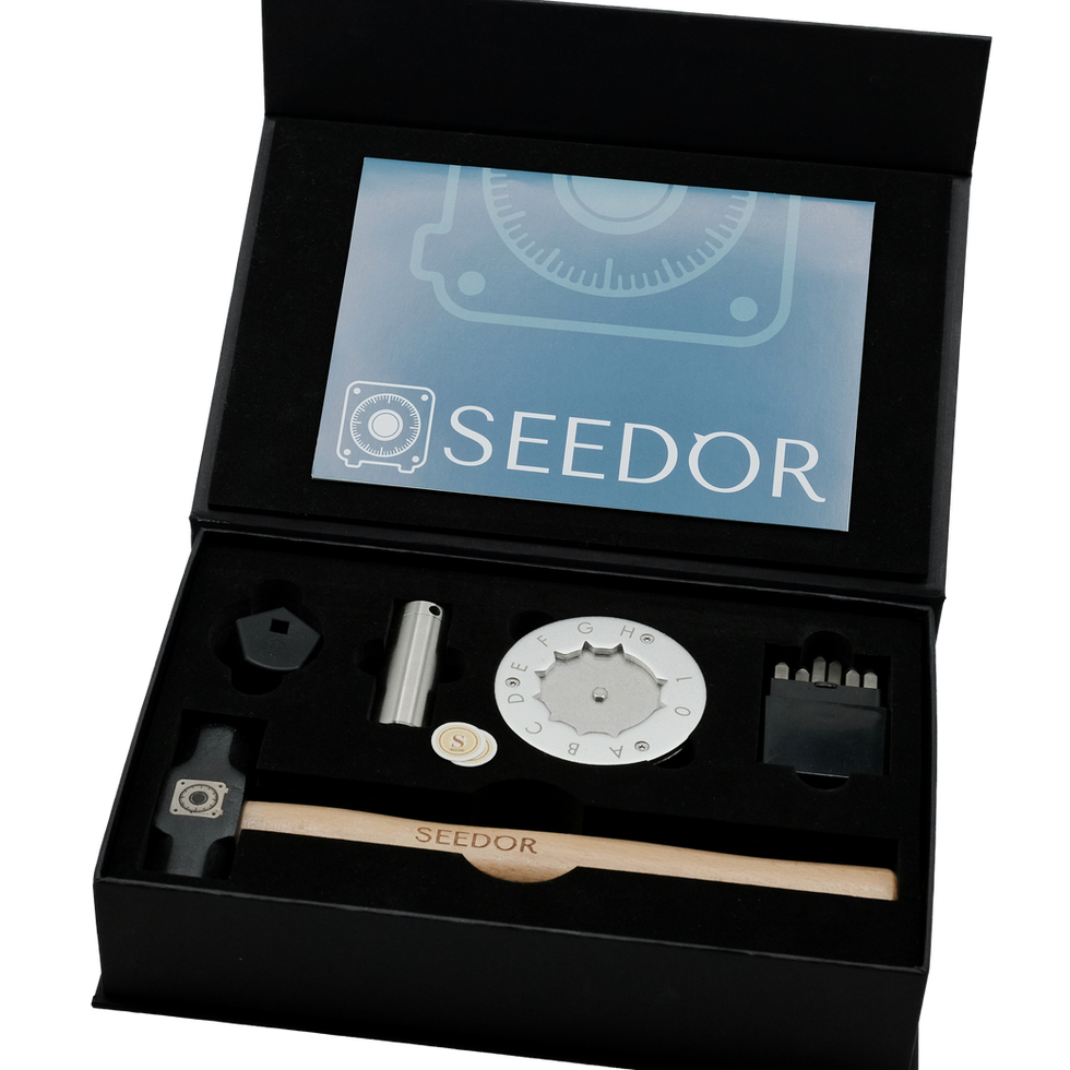 Seedor tool kit with components and logo, for hardware wallet security.
