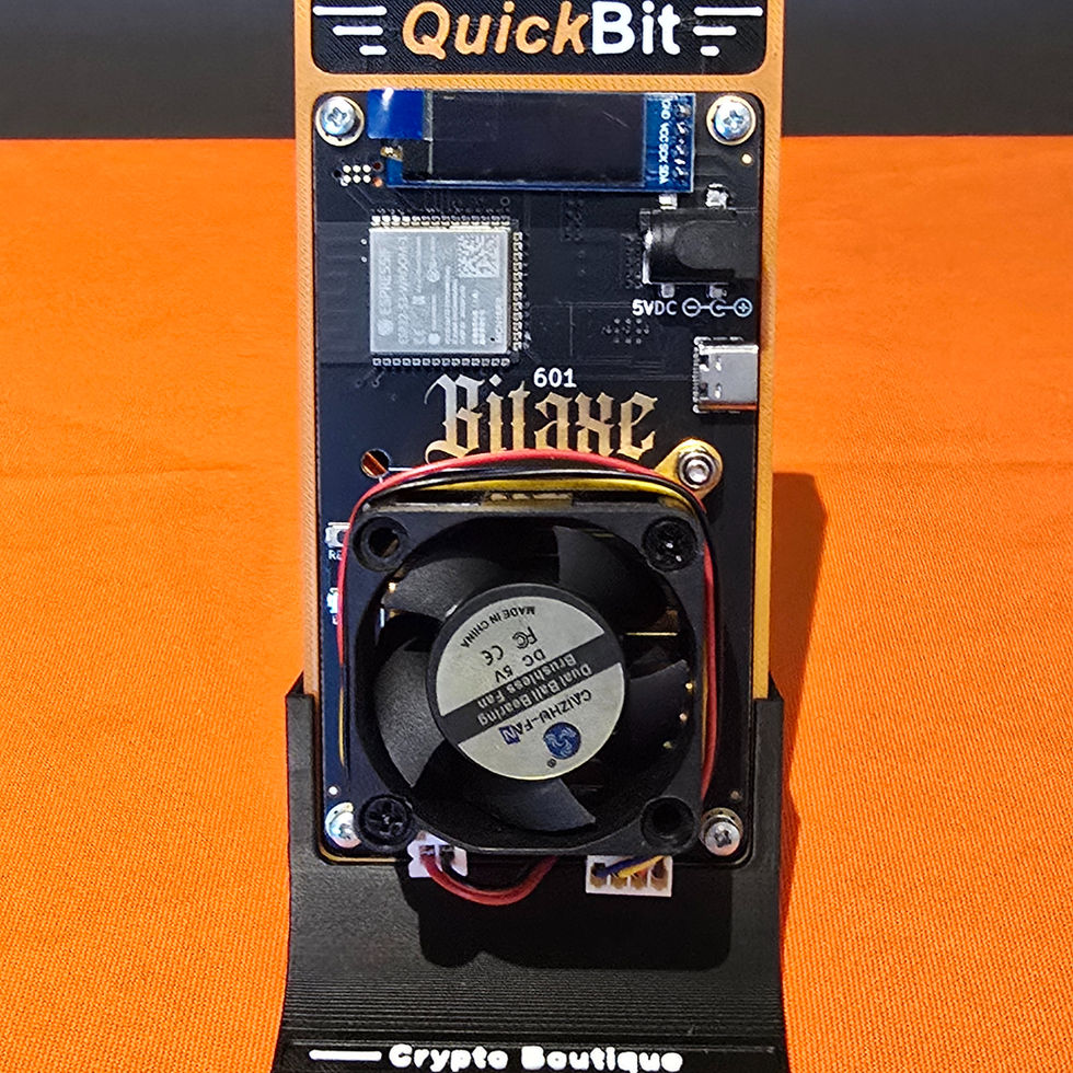 QuickBit device with fan and visible text, Crypto Boutique background.
