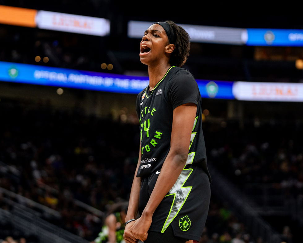 Dominique Malonga gets fired up for fans at Climate Pledge Arena. Photo Credit: Seattle Storm