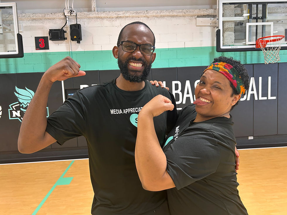 Black Rosie Media Erica L. Ayala (right) and WBB Roundup curator Brian Fleurantin (left) pose after participating in the 2nd Annual New York Liberty Media Appreciation Day. Photo Credit: Black Rosie Media