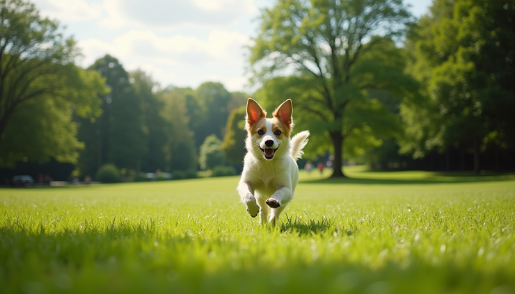 Eye-level view of a wide green park with a dog running freely on the grass