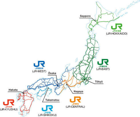 Map of JR regions in Japan