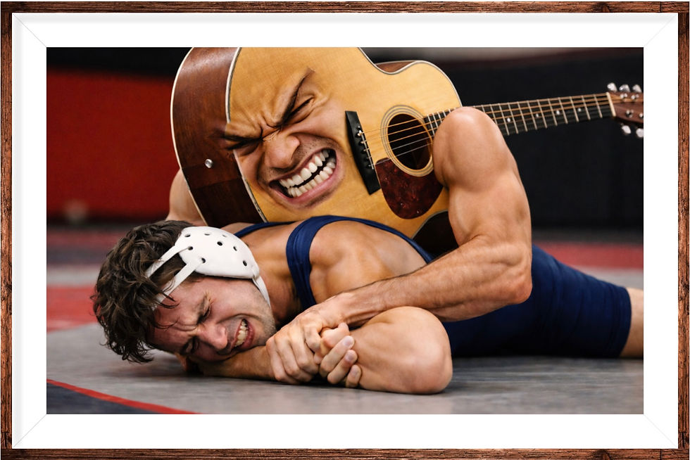 A guitar literally wrestling with its player