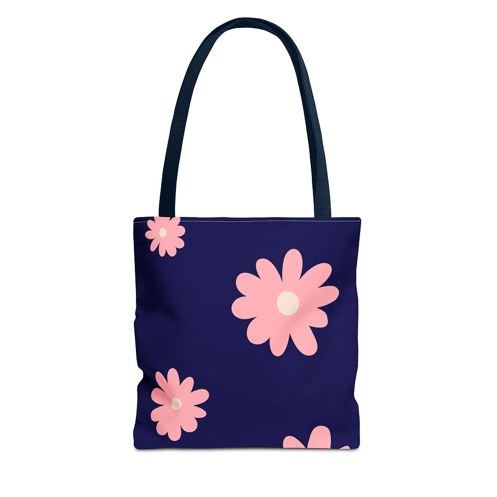 Thumbnail: Floral Daisy Tote Bag — Pink Flowers on Navy All-Over Print