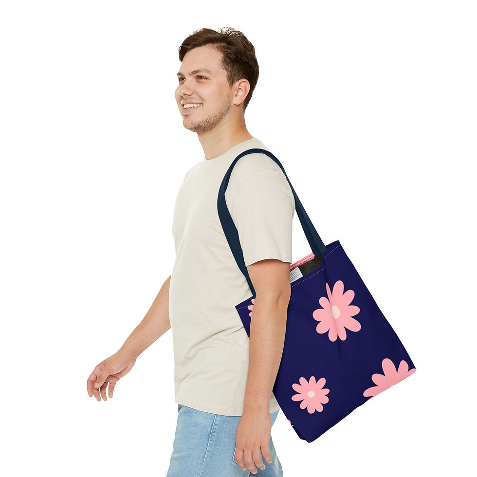 Thumbnail: Floral Daisy Tote Bag — Pink Flowers on Navy All-Over Print
