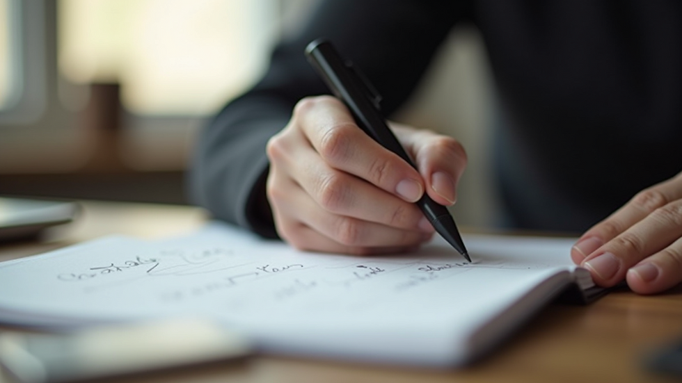 Close-up view of a person writing an outline in a notebook