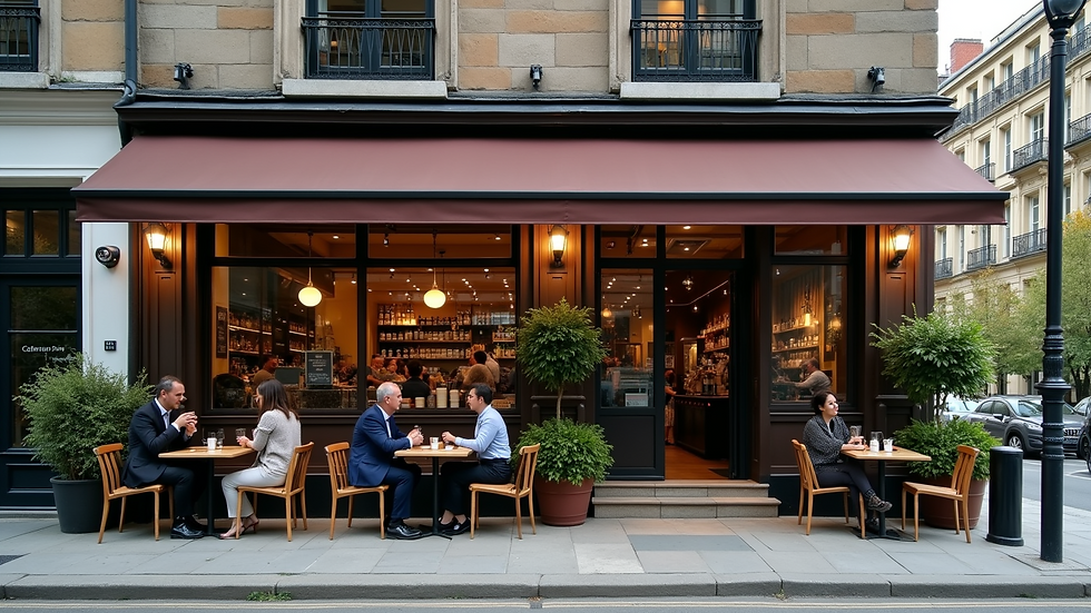 High angle view of a modern coffee shop franchise storefront with outdoor seating and customers enjoying drinks