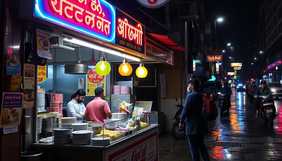 Eye-level view of a small food kiosk with colorful signage